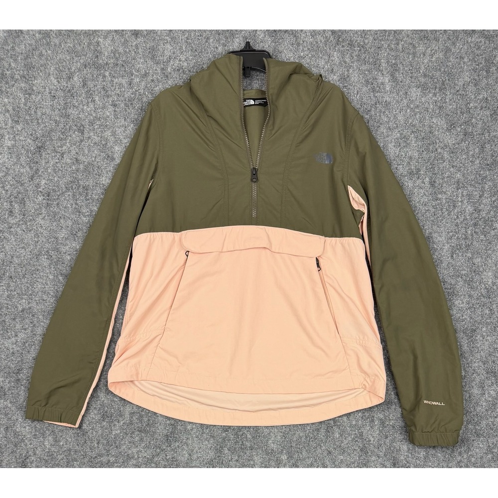 The North Face Womens WindWall Anorak Half Zip Hooded Jacket Olive Peach Medium